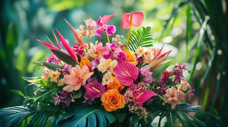 This striking showcases vibrant tropical flowers, including orchids and birds of paradise, beautifully set against greenery.の素材