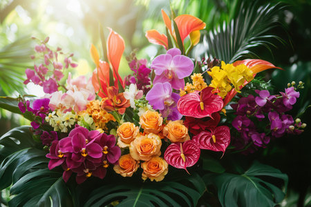 This stunning bouquet showcases tropical flowers like orchids and birds of paradise, creating a bright and lively display.の素材