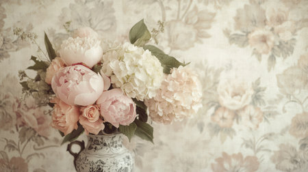 A vintage-inspired bouquet combines peonies and hydrangeas in soft hues, elegantly placed in an antique vase near a floral backdrop.の素材