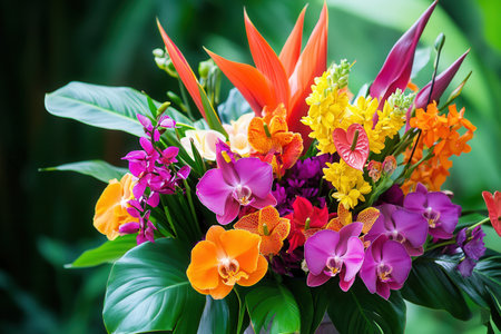This vibrant bouquet showcases a variety of tropical flowers, including orchids and birds of paradise, perfect for brightening any space.の素材