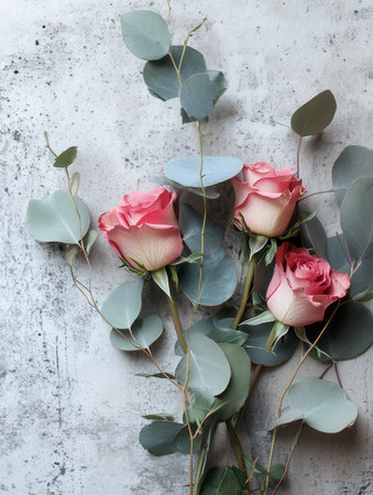 A stylish arrangement of pink roses and eucalyptus leaves rests elegantly against a rough concrete surface, adding a modern touch.の素材