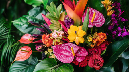 This bold arrangement showcases a mix of tropical flowers, including striking orchids and birds of paradise, set in a lush garden backdrop.の素材