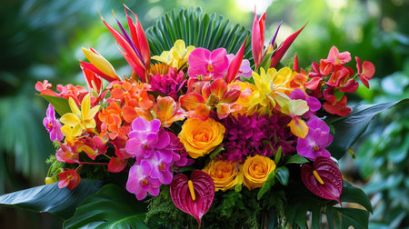 Tropical flowers burst in color with orchids, birds of paradise, and anthuriums beautifully arranged among lush greenery.の素材