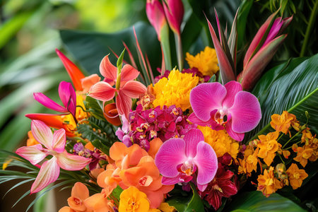 This lively arrangement showcases tropical flowers like orchids and birds of paradise, perfect for brightening any space.の素材