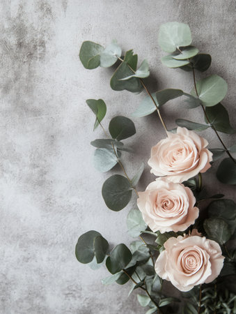 A bouquet featuring soft pink roses and fresh eucalyptus leaves enhances the minimalist look of the concrete background.の素材