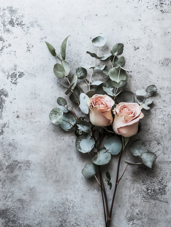 A stylish bouquet featuring soft pink roses intertwined with fresh eucalyptus leaves on a textured concrete background.の素材