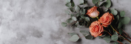 A stylish bouquet of roses and fresh eucalyptus leaves rests on a textured concrete background, perfect for any celebration.の素材