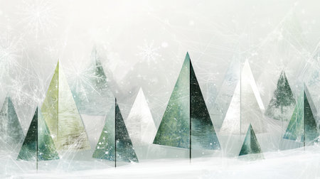 Abstract Christmas trees made of triangles fill a winter forest, showing varying sizes and shapes under a soft, snowy landscape.の素材