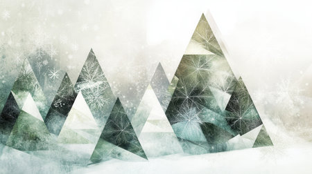 Delicate geometric shapes create a winter wonderland with Christmas trees of differing sizes in a serene snowy forest setting.の素材