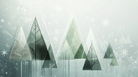 Abstract geometric shapes create a forest of Christmas trees, with triangles in different sizes set against a snowy backdrop.の素材