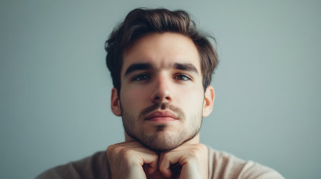 The man sits in a cozy indoor setting, showcasing a serious expression while lost in contemplation and reflection.の素材