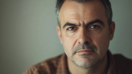 The man gazes thoughtfully ahead, embodying a serious expression that suggests deep contemplation on a calm day.の素材