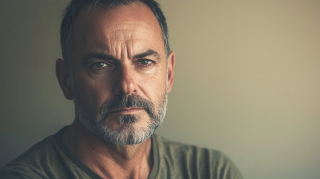 A man with a serious expression reflects deeply while sitting in a calm indoor environment during the afternoon.の素材