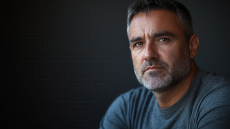 A man with a serious expression contemplates deeply, displaying thoughtfulness with a relaxed demeanor in casual clothing.の素材