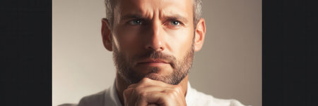 The man rests his chin on his hand, with a serious look, deep in thought as he contemplates his surroundings and ideas.の素材