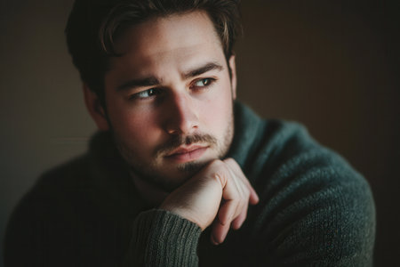 The man leans on his hand, displaying a serious expression as he reflects deeply, surrounded by the warm glow of evening light.の素材
