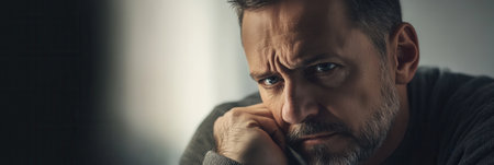 A man with a serious expression contemplates his thoughts while resting his chin on his hand in a dimly lit room.の素材