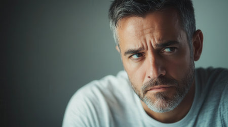 A man holds a serious expression, lost in thought as he contemplates something significant in a dimly lit environment.の素材