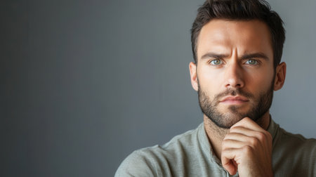 The man is deep in thought, reflecting on complex ideas in a minimalist environment that emphasizes his serious expression.の素材