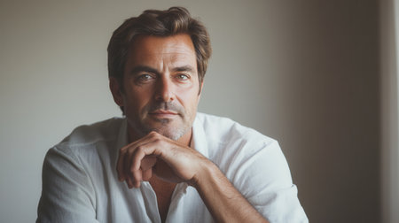 A man with an introspective expression sits in a warmly lit space, deep in thought as shadows play across his face.の素材