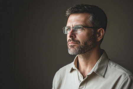 A man wearing glasses stands in deep thought, gazing into the distance with a serious expression in soft, natural light.の素材