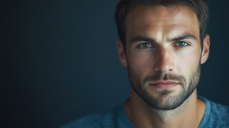 The man conveys a sense of seriousness and thoughtfulness, staring directly ahead with an intense gaze against a muted backdrop.の素材