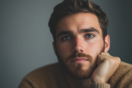 A young man displays a serious and contemplative expression, gazing intently as he reflects in a calm environment.の素材