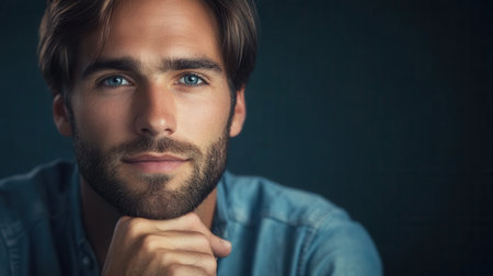 The young man rests his chin on his hand, displaying an expression of seriousness and contemplation in subdued lighting.の素材