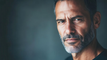 A man with a serious expression appears lost in thought within a softly illuminated setting.の素材