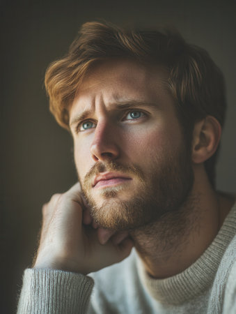 The man appears introspective as he rests his chin on his hand, his serious expression illuminated by soft indoor lighting.の素材