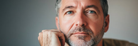 A man appears deep in thought, with a serious demeanor, illuminated by soft light as he rests his chin on his hand indoors.の素材