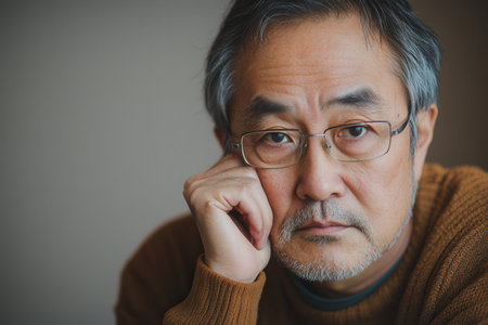 A man with glasses sits pensively, resting his chin on his hand, lost in deep thought during a calm afternoon.の素材