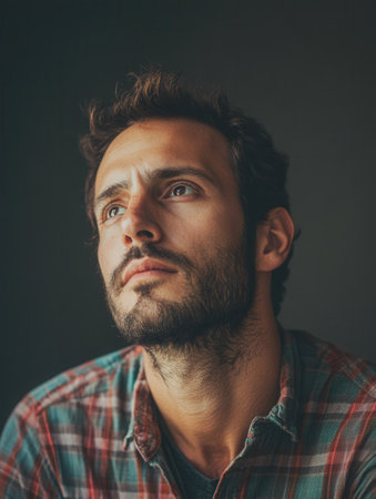 A man with a serious expression looks thoughtfully upwards, showing a moment of contemplation in soft lighting.の素材