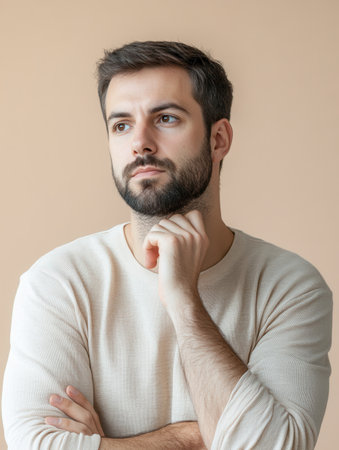 A man with a beard displays a serious expression while thoughtfully pondering something important in a calm environment.の素材