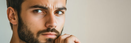 A man with a serious expression rests his chin on his hand, gazing thoughtfully into the distance, lost in contemplation.の素材