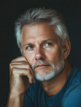 The man displays a thoughtful demeanor, resting his chin on his hand, lost in serious contemplation in a softly lit space.の素材