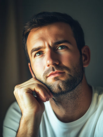 A man sits indoors, resting his chin on his hand, deep in thought with a serious expression during the golden hour.の素材