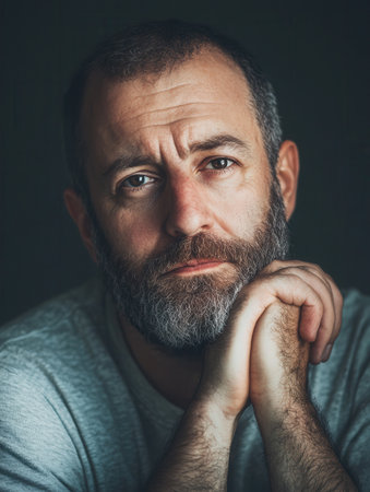 The man reflects on his thoughts with a serious expression, resting his chin on his hands in a dimly lit room.の素材