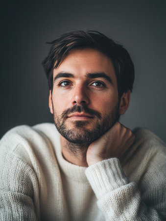 A man with a serious expression rests his chin on his hand, lost in thought in a softly lit indoor setting.の素材
