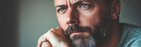 This man appears introspective and serious, lost in thought while resting his chin on his hand in a calm and inviting space.の素材