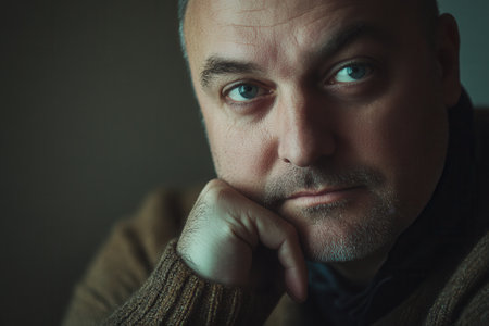 The man rests his chin on his hand, revealing a serious expression as he reflects deeply in soft, ambient light.の素材