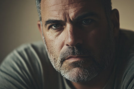 A man with a thoughtful expression displays seriousness, deep in contemplation in a softly lit setting, reflecting on his thoughts.の素材