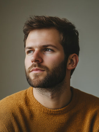 A man contemplates carefully with a serious expression, dressed in a cozy sweater while surrounded by soft natural light.の素材