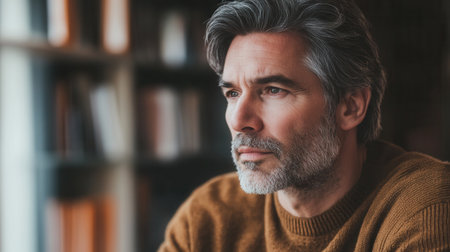 A man with salt-and-pepper hair contemplates deeply while sitting in a warm, inviting room filled with books.の素材