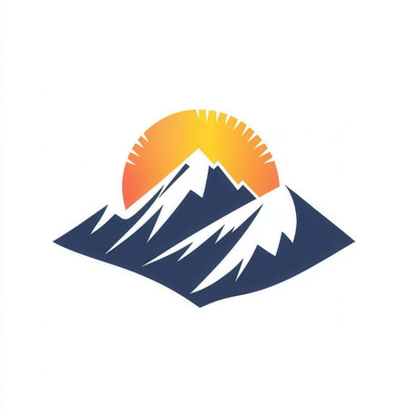 A minimalist logo showcases majestic snow-capped mountains with a bright sun rising behind, representing tranquility and outdoor exploration.の素材