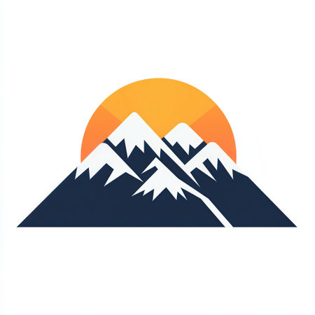 The design features snow-capped mountains, illuminated by a rising sun, conveying tranquility and natural beauty in a minimalist style.の素材