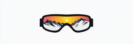 Ski goggles showcase a vibrant sunset and snow-covered peaks reflected in their lenses, capturing an adventurous winter vibe.の素材