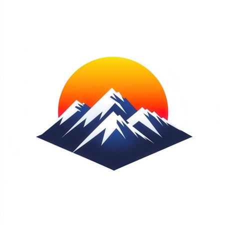 The logo features snow-capped mountains illuminated by a bright sun rising, representing peaceful outdoor adventures and scenic landscapes.の素材