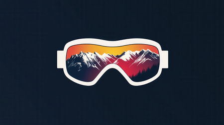 Ski goggles feature a vibrant reflection of majestic, snow-covered mountains under a colorful sunrise in a winter setting.の素材