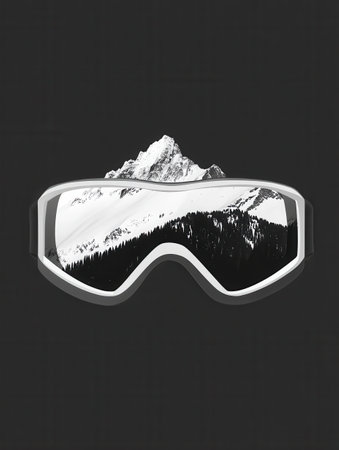Sleek ski goggles feature a stunning reflection of majestic snow-covered mountains, ideal for winter sports adventures in the Alps.の素材
